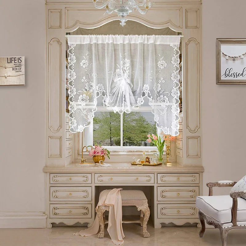 American Pastoral White Lace Balloon Curtain Lifting Tie-Up Roman Tulle Curtain Valance For Room Kitchen Door Partition Decor