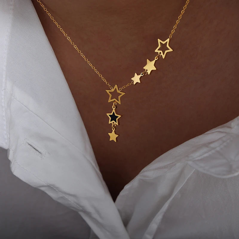 Star Pendant Necklace for Women Stainless Steel Gold Plated Chain Black Acrylic Fashion Jewelry-Dollar Bargains Online Shopping Australia