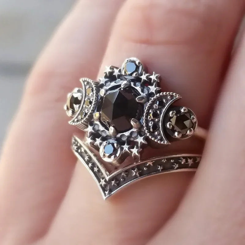 2023 New Gothic Universe Moon Women's Ring Set Creative Vintage Pentagram Black Party Vacation Jewelry Best Gift for Girls-Dollar Bargains Online Shopping Australia