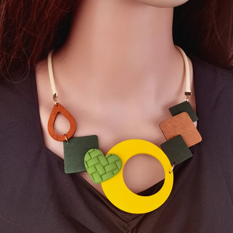 Geometric Wooden Pendant Ethnic Statement Bib Necklace for Women Handmade Maxi Necklaces Vintage Jewelry-Dollar Bargains Online Shopping Australia