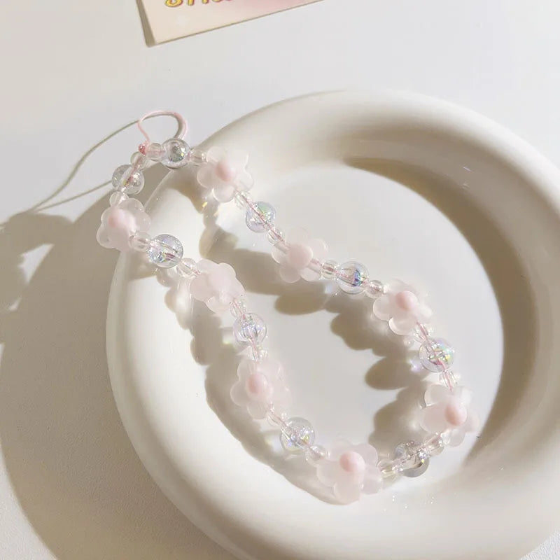 Simple Pink Bear Heart Strawberry Bowknot Flower Acrylic Imitation Pearl Beaded Phone Chain for Women Girls Sweet Accessories-Dollar Bargains Online Shopping Australia
