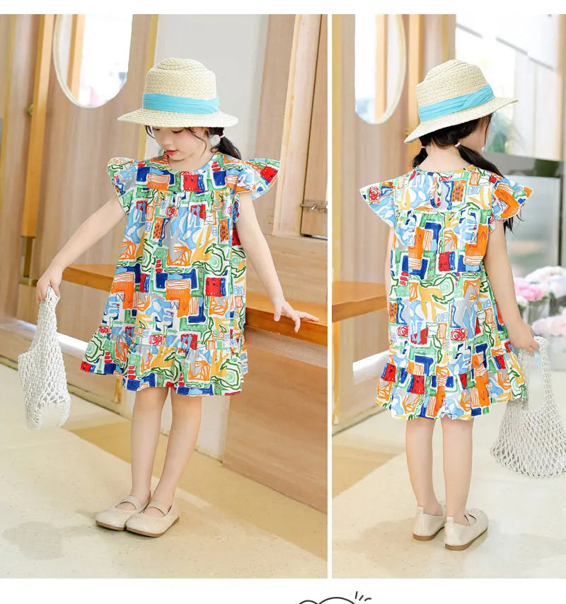 Children's kids Clothes Girls Party Princess Fashion Outfit Flower Pattern Beach Dresses
