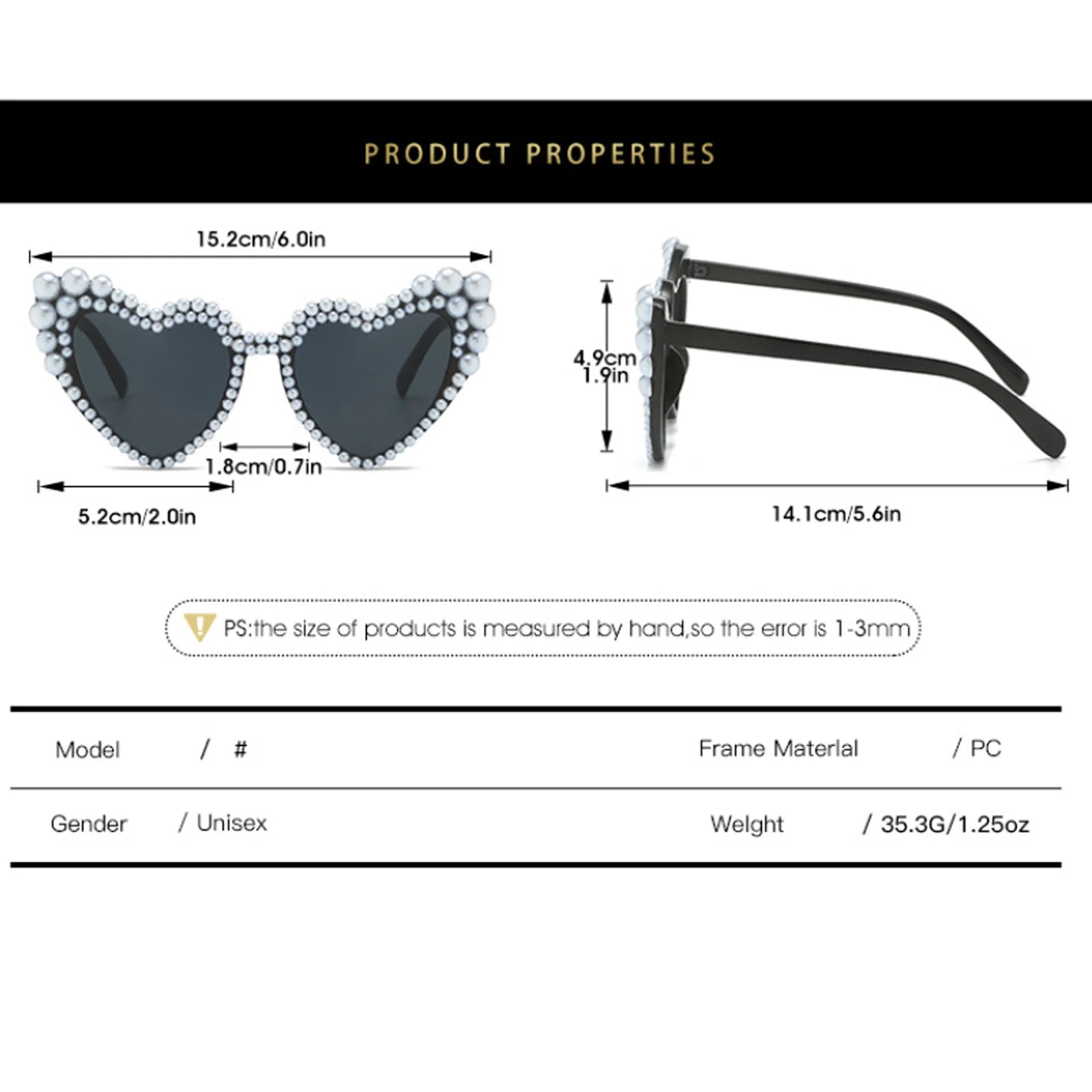 Large Frame Pearl-set Sunglasses Heart Shape Personality UV400 Casual Black Just Married Sunglasses Bridesmaid Gift-Dollar Bargains Online Shopping Australia