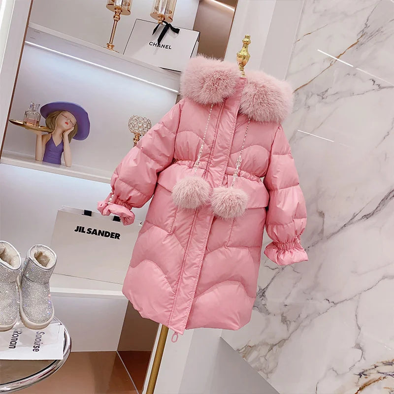 Winter Girls Sweet Long Down Jackets Hooded Big Fur Collar Kids Parkas Children Clothes Girls Windproof Thicken Warm Coats-Dollar Bargains Online Shopping Australia