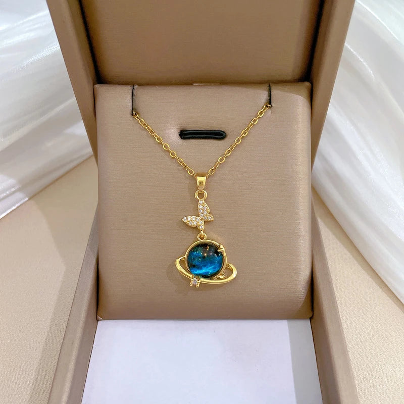 Stainless Steel Zircon Planet Star Pendant Necklace For Women Girl Elegant Aesthetic Clavicle Chain Necklace Jewelry Party Gift-Dollar Bargains Online Shopping Australia