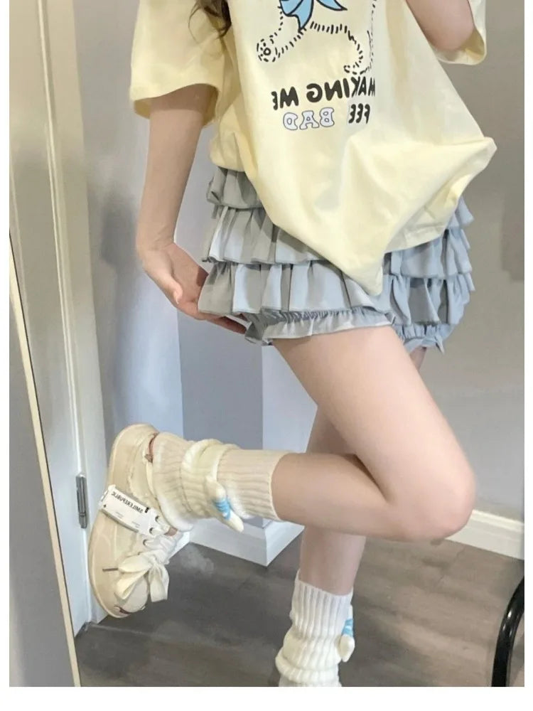 Kawaii Lolita Skirt Women Ruffle Layered High Waist Cutecore Mini Skirt Shorts Harajuku Japanese Style Soft Girl