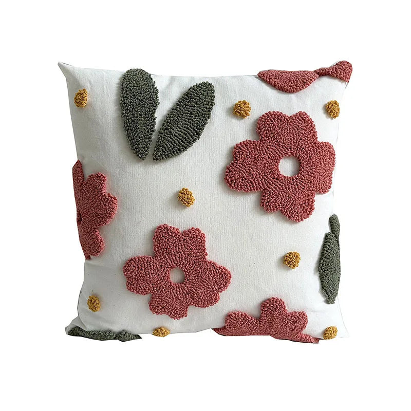 Nordic Style Flower Loop Tufted Cushion Cover Pink Plant Embroidered Decorative Pillows for Sofa Home Bedside Pillowcase-Dollar Bargains Online Shopping Australia