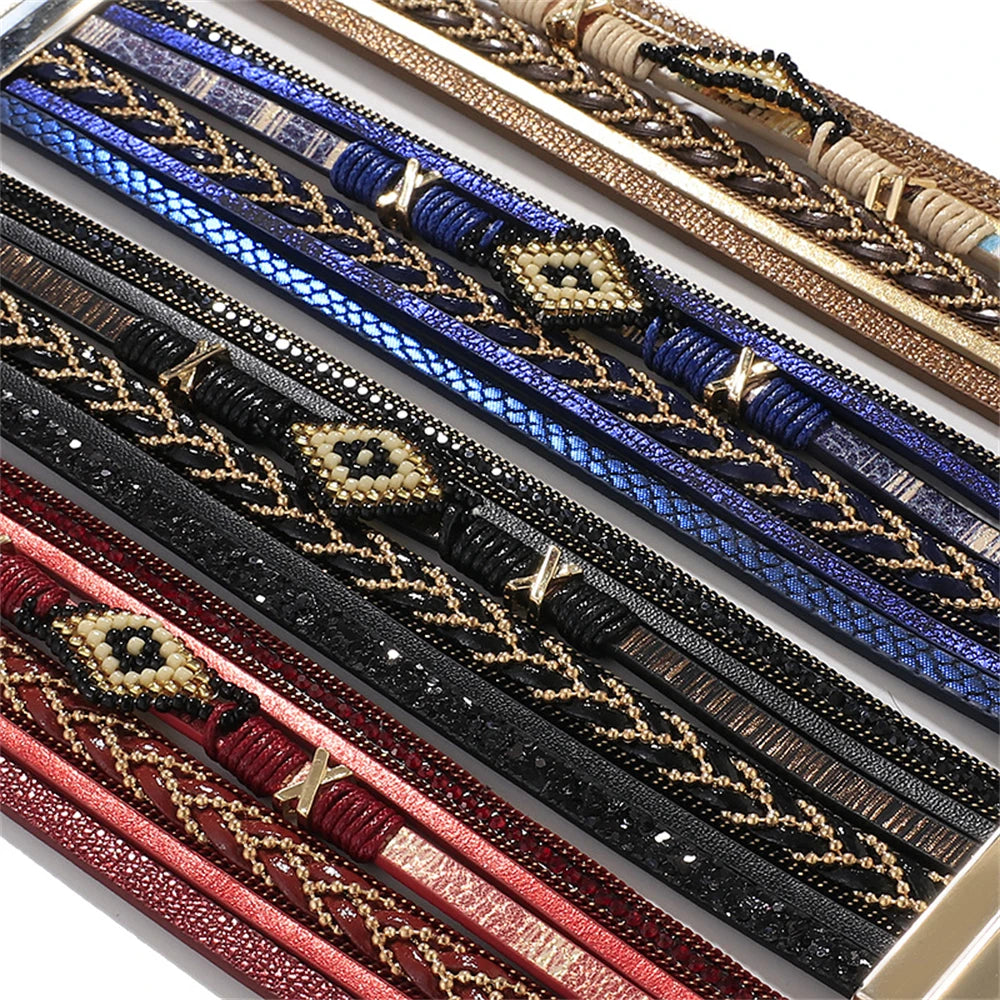 Multilayer Handwoven Leather Bracelet for Women Magnet Buckle Wide Bracelet Rice Bead Woven Devil's Eye Leather Bracelet-Dollar Bargains Online Shopping Australia
