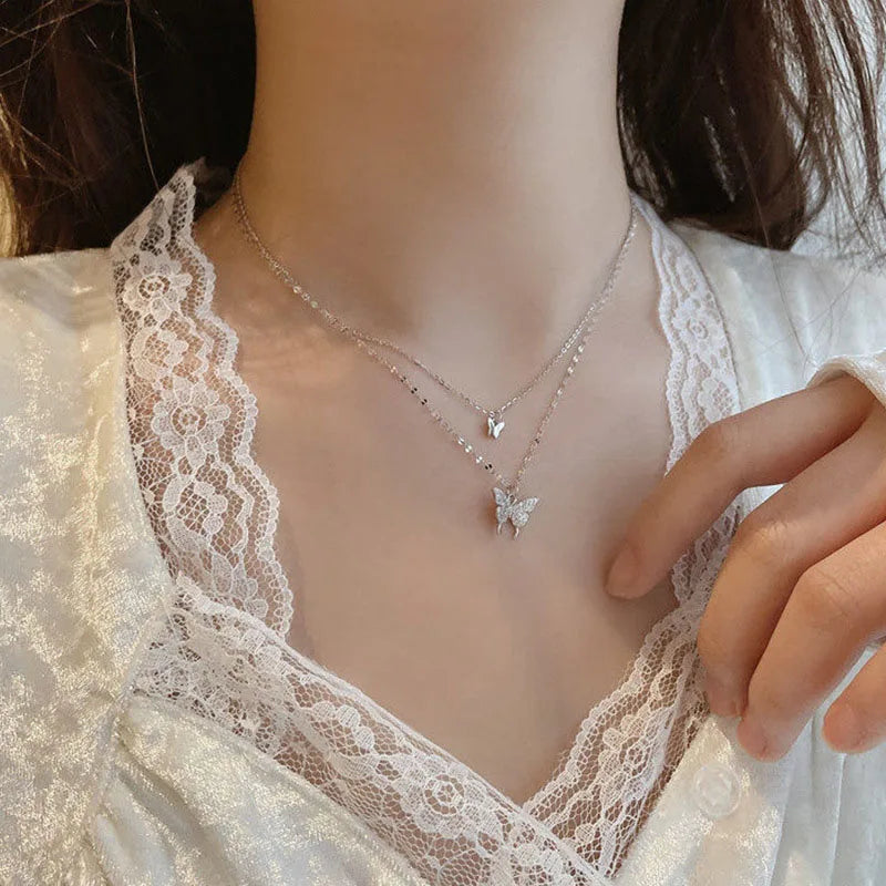 Kpop Y2K Aesthetic Butterfly Pendant Necklace for Women Hip Hop Vintage Double Chain Heart Necklaces Girls Gifts Jewelry-Dollar Bargains Online Shopping Australia