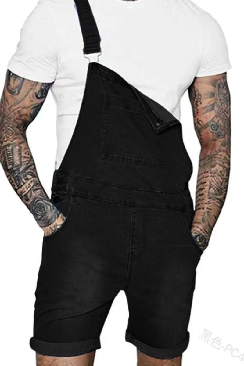Men Jeans Rompers Overalls Wide Leg Pants Washing Spliced One Piece Pockets Summer Jumpsuits Knee Length Casual Distressed
