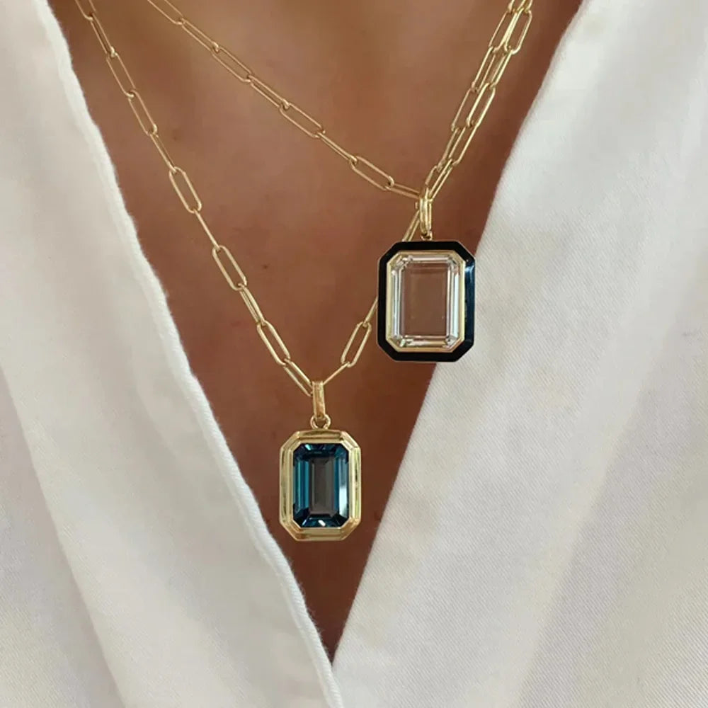 Retro Hip-hop Multicolour Geometric Square Crystal Pendant Necklace Cuba Chain for Women Girls Vintage Wedding