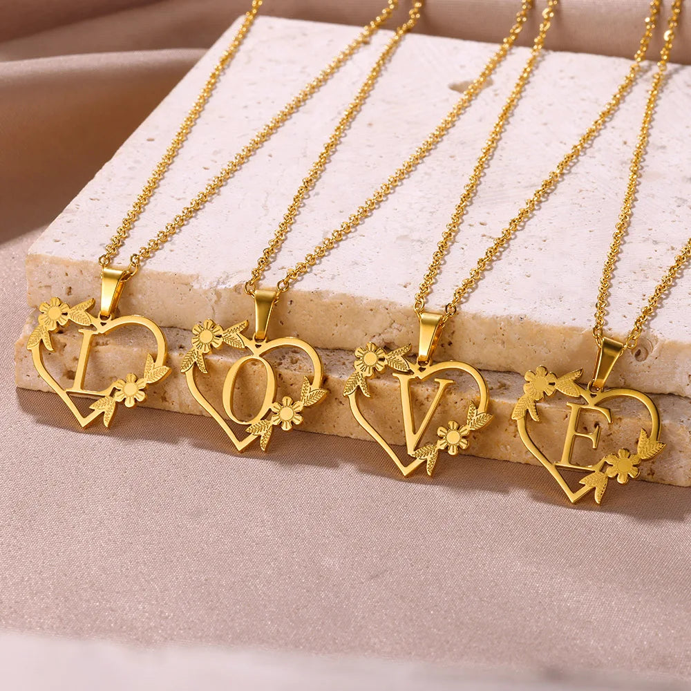 Gold Color Dainty Flower Initials Necklace Women Girl Stainless Steel Heart Letter Choker Necklace Best Gifts Alphabet Jewelry-Dollar Bargains Online Shopping Australia