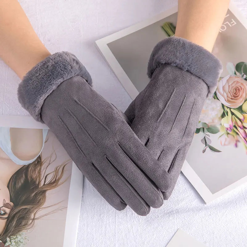 Cashmere Warm Suede Leather Cycling Mittens Double Thick Velvet Plush Wrist Women Touch Screen Driving Gloves-Dollar Bargains Online Shopping Australia