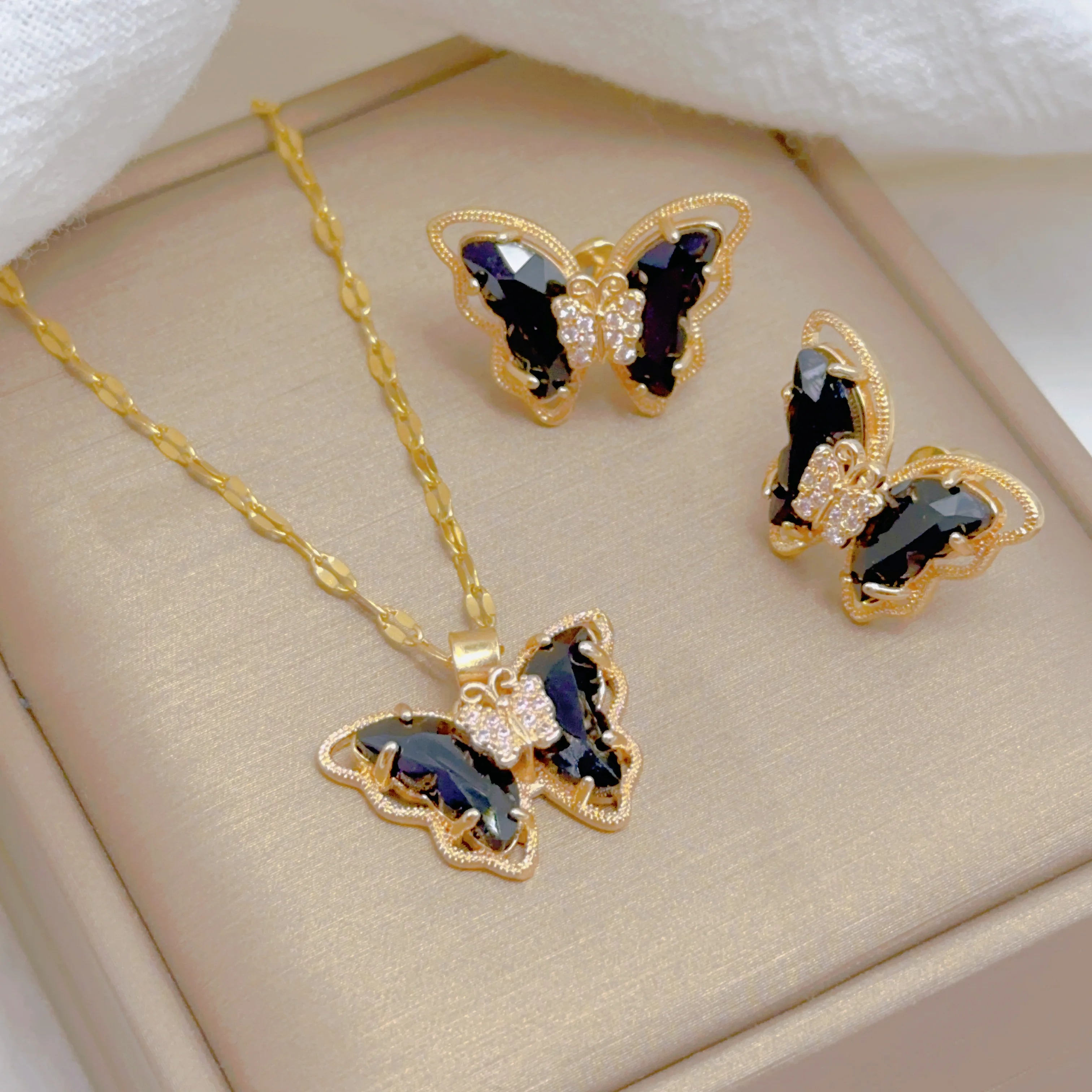 Micro-inlaid Butterfly Necklace Earrings Set Classic Light Luxury Transparent Stainless Steel-Dollar Bargains Online Shopping Australia