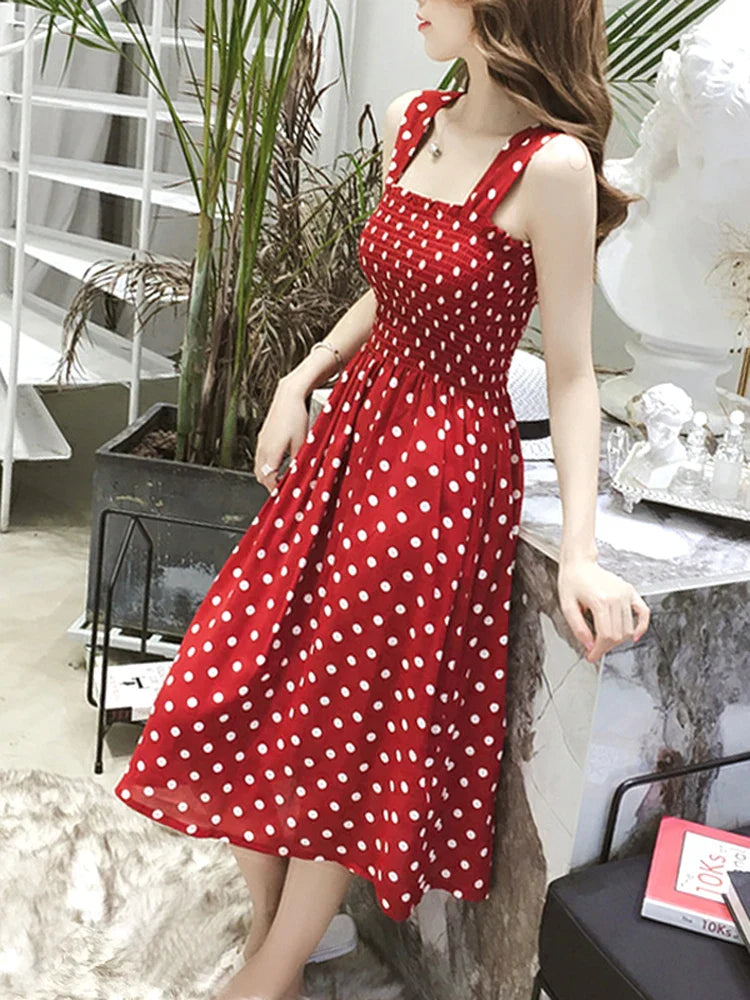 Beach Long Vintage Dots Casual Ruffles Elegant Maxi Strap Silky Dress Women-Dollar Bargains Online Shopping Australia