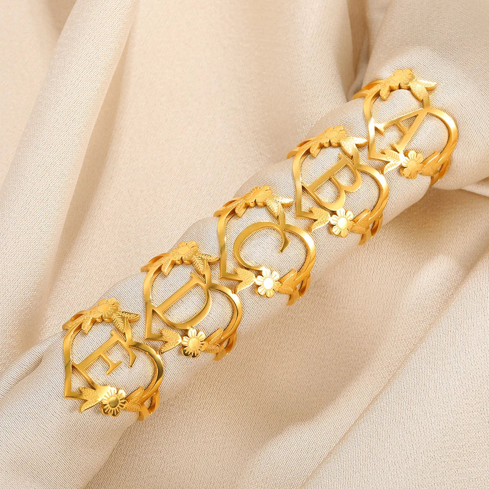 Stainless Steel Initials Flower Heart Rings Gold Color Adjustable Delicate Letter Leaf Rings For Women Girl Alphabet Jewelry-Dollar Bargains Online Shopping Australia