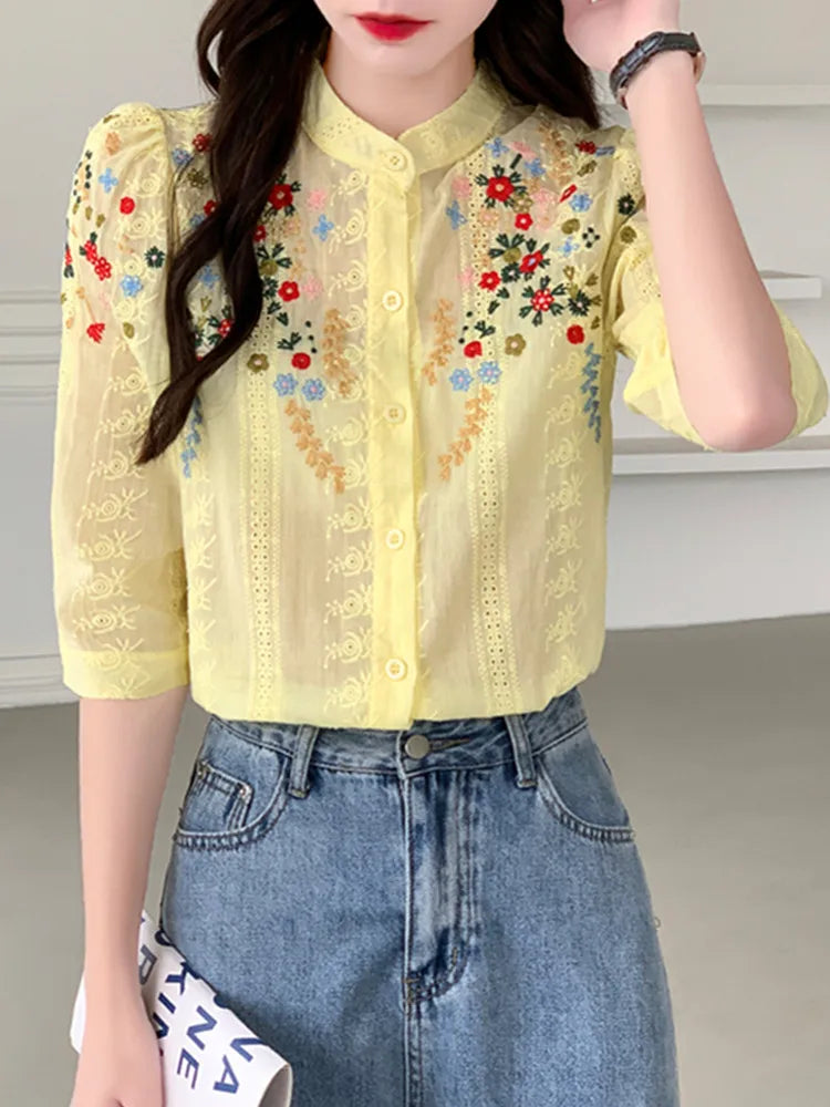 Vintage Embroidered Flower Jacquard Shirt For Women Romantic Gentle Style Versatile Stand Collar Shirt