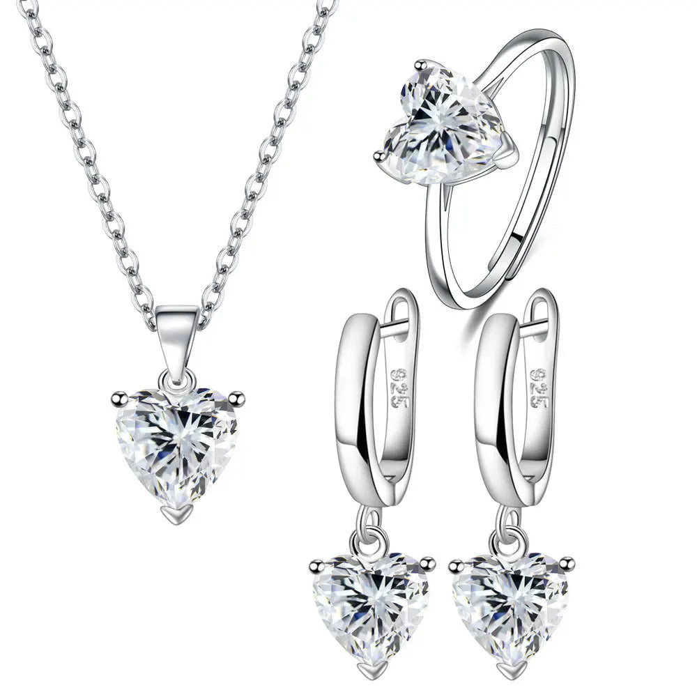 Sterling Silver jewellery Set Heart Zircon Ring Earrings Necklace Wedding Bridal Elegant-Dollar Bargains Online Shopping Australia