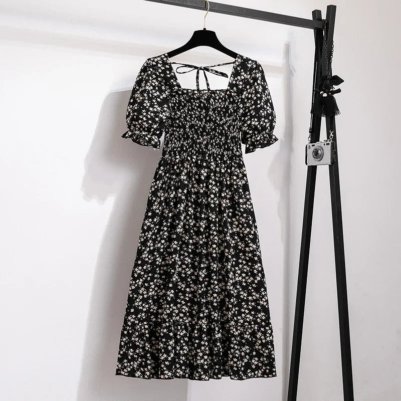Chiffon Dresses Fashion Female Elastic Waist Short Sleeve Pleated Casual Dress Women A-line Dresses-Dollar Bargains Online Shopping Australia