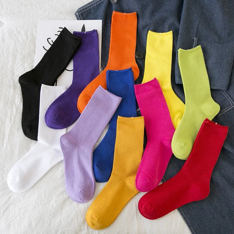 Women Socks Fashion Solid Color Crew Socks For Women Preppy Style Cotton Breathable Neon Color Long-Dollar Bargains Online Shopping Australia