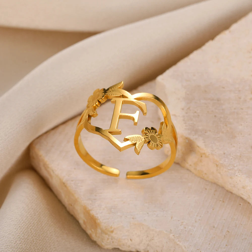 Stainless Steel Initials Flower Heart Rings Gold Color Adjustable Delicate Letter Leaf Rings For Women Girl Alphabet Jewelry-Dollar Bargains Online Shopping Australia