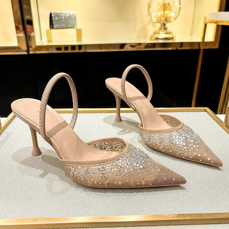 Glitter Rhinestone Pointed Slippers Women High Heel Summer Flip Flops Female Designer Sandals Breathable Mesh Mule Pumps Women-Dollar Bargains Online Shopping Australia