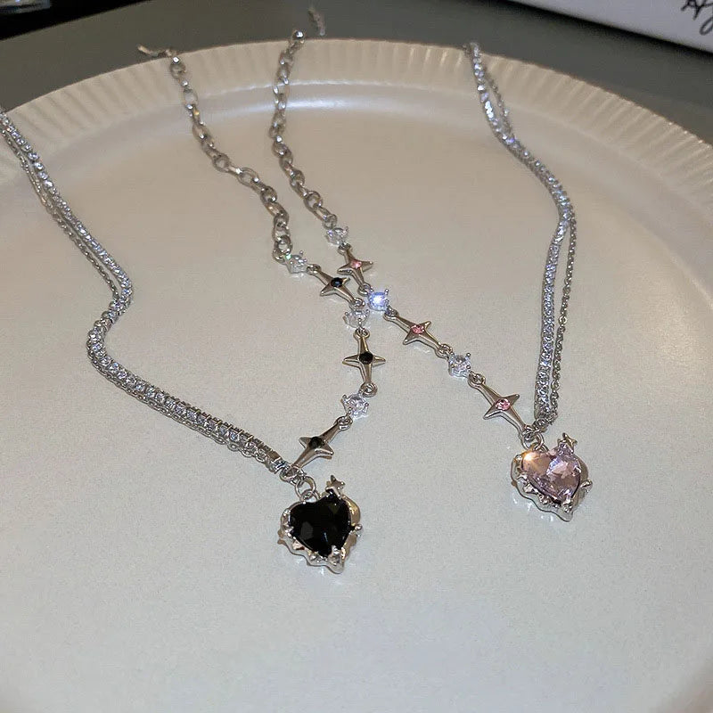 Black Heart Pendant Necklace Punk Shiny Rhinestone Star Asymmetric Chain Necklace for Women Neck Chain Y2K Jewelry-Dollar Bargains Online Shopping Australia