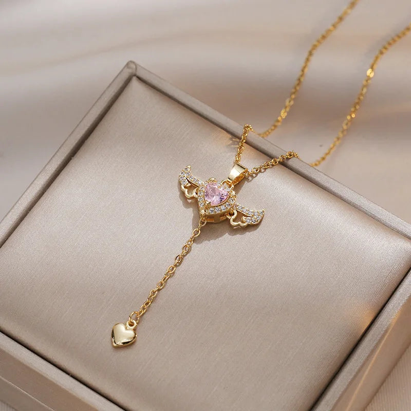 Stainless Steel Gold Color Cupid Angel's Wings Pendant Necklace For Women Girls Clavicle Chain Party Jewelry Gift-Dollar Bargains Online Shopping Australia