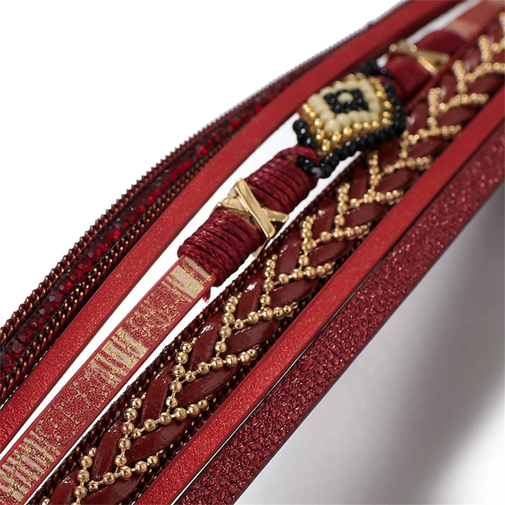 Multilayer Handwoven Leather Bracelet for Women Magnet Buckle Wide Bracelet Rice Bead Woven Devil's Eye Leather Bracelet-Dollar Bargains Online Shopping Australia