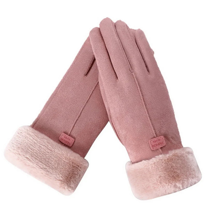 Cashmere Warm Suede Leather Cycling Mittens Double Thick Velvet Plush Wrist Women Touch Screen Driving Gloves-Dollar Bargains Online Shopping Australia