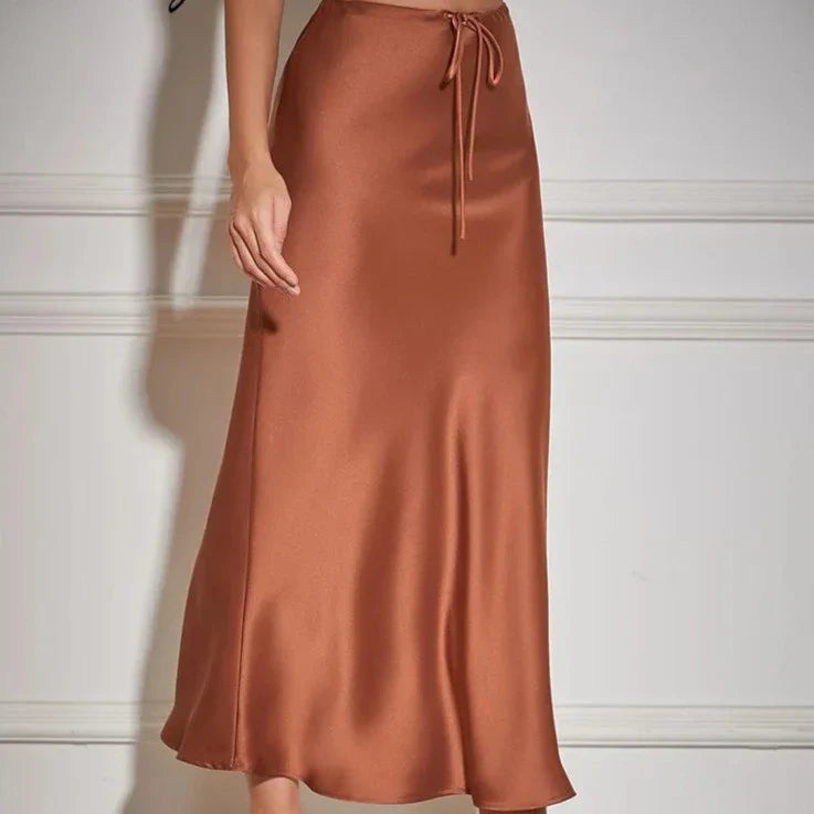 A Line Long Satin Skirts For Women Black High Waist Maxi Beige Skirts Silk Lace Up Long Skirt Women