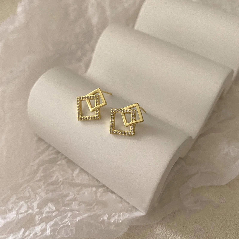 Korean Geometric Double Layers Rhombus Earrings for Women Gold Color Crystal Temperament Earring-Dollar Bargains Online Shopping Australia