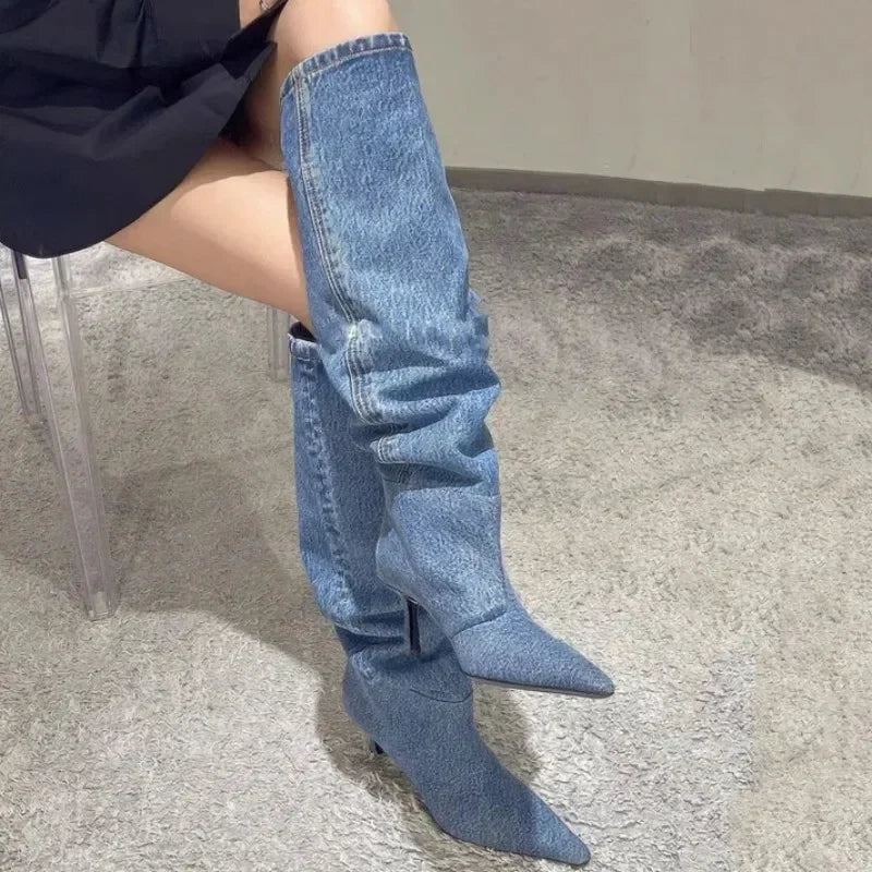 Cowboy Knee High Chelsea Boots Autumn Winter Pointed Toe Women Stilettos Shoes Gladiator Motorcycle-Dollar Bargains Online Shopping Australia