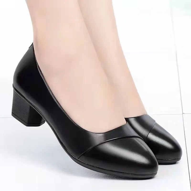 Shoes Women Mid Heel  Office Lady Pumps PU Leather Black Basic Square Heeled Spring Autumn Loafers