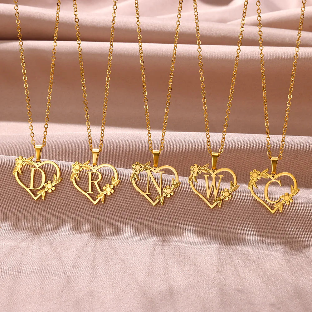 Gold Color Dainty Flower Initials Necklace Women Girl Stainless Steel Heart Letter Choker Necklace Best Gifts Alphabet Jewelry-Dollar Bargains Online Shopping Australia