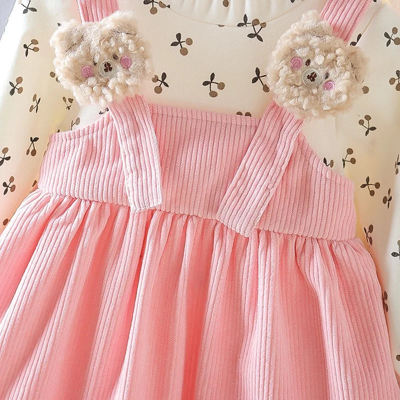 Kid Girl Long Sleeve Dress Floral Lovely Bear Corduroy Strap Style Dress Fashion Cute Photograph Outfit for Child Girl 1-6 Years-Dollar Bargains Online Shopping Australia