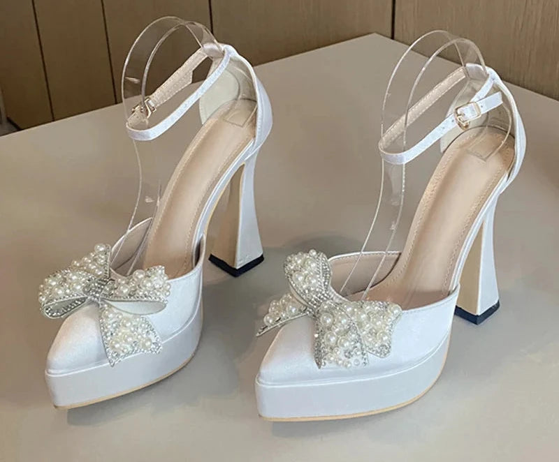 Pearl Butterfly-Knot Women High Heels Sandals Sexy Thick Bottom Pointed Toe Platform Pumps Wedding Banquet Shoes-Dollar Bargains Online Shopping Australia