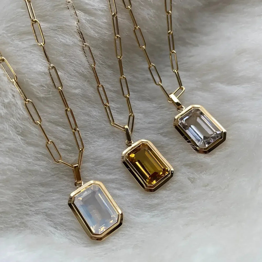 Retro Hip-hop Multicolour Geometric Square Crystal Pendant Necklace Cuba Chain for Women Girls Vintage Wedding