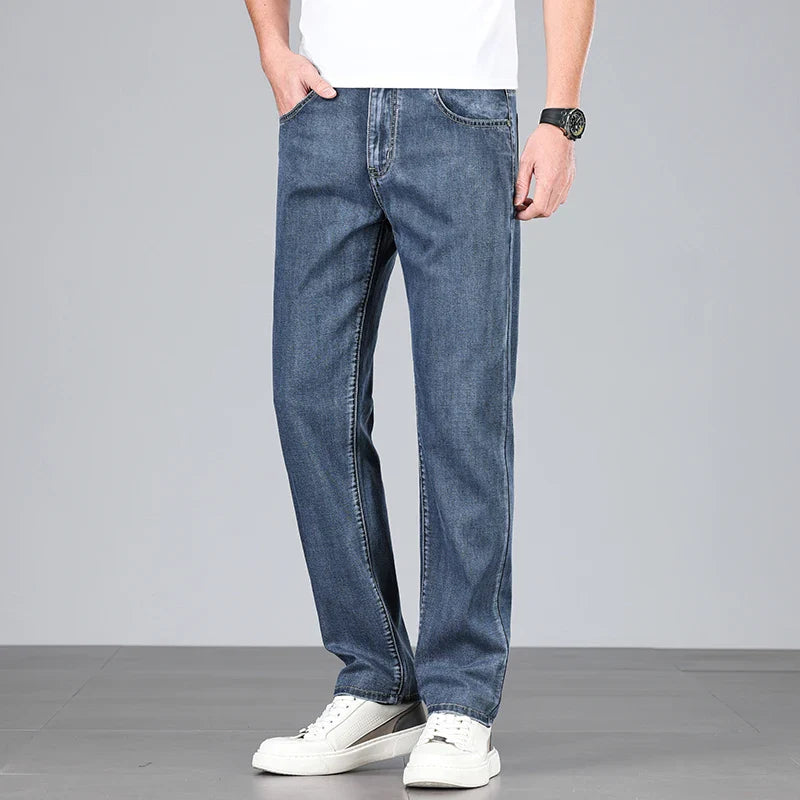 Lyocell Jeans Men's Clothing Thin Stretch Straight Business Casual Denim Pants Loose Cotton Trousers Male
