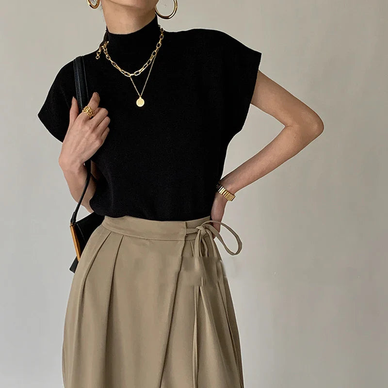 Fashion Vest Shirt Solid Stand-up Collar Knitted Sweater Short Sleeve Office Lady Loose Elegant All-Match Straight Tops 20397-Dollar Bargains Online Shopping Australia