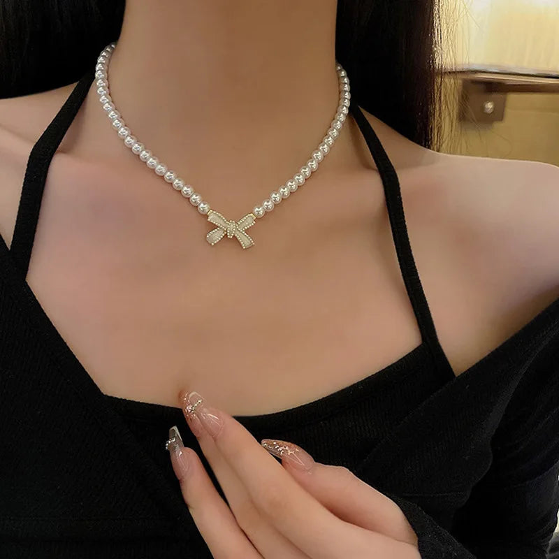 Wedding Party Pearl Bow Pendant Choker Necklace For Women Elegant White Imitation Pearl Chain-Dollar Bargains Online Shopping Australia