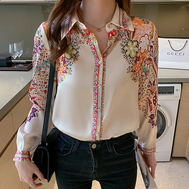 Fashion flower print shirts Women's Blouses Long Sleeve Button-Down Tops