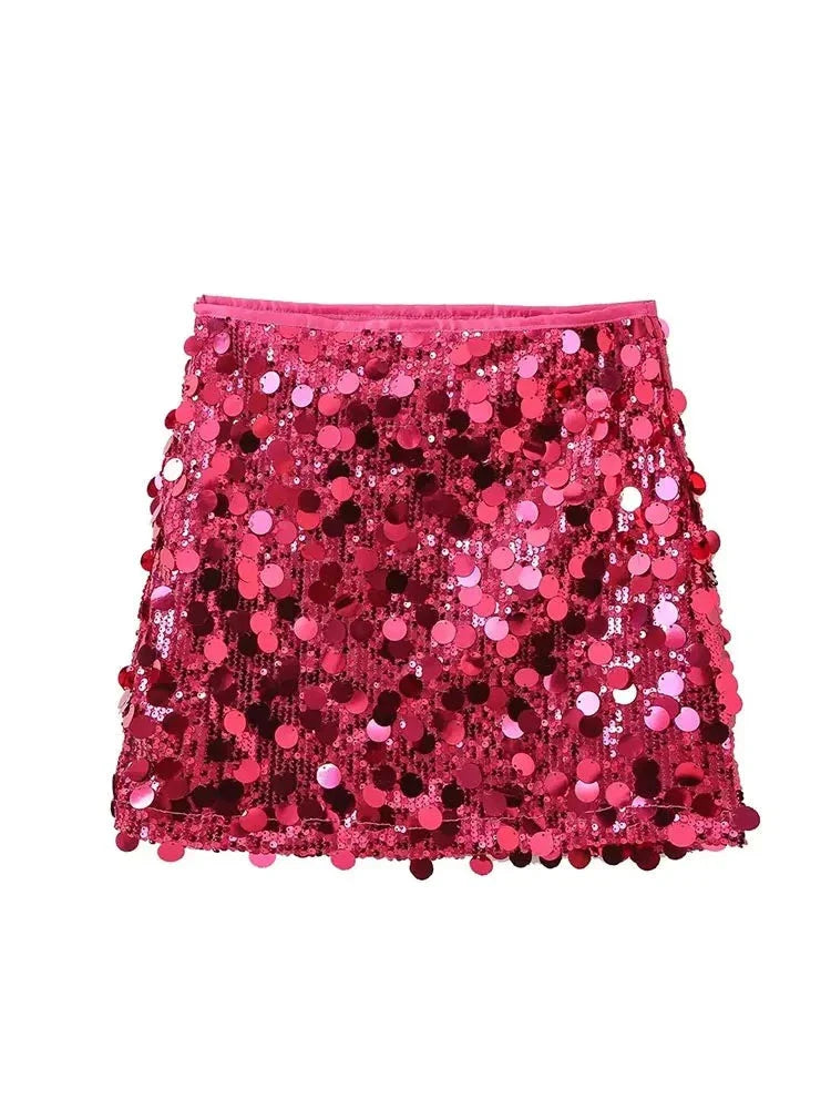 Women Sequins Skirt High Waist Sexy Party Mini Skirt Side Zipper Elegant Female Y2k Chic Rose Red Skirts