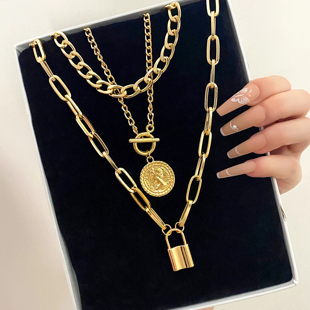 Charm Fashion Multilayer Gold Color Thick Chain Lock Pendant Necklace Jewelry Vintage Coin Choker Necklace-Dollar Bargains Online Shopping Australia