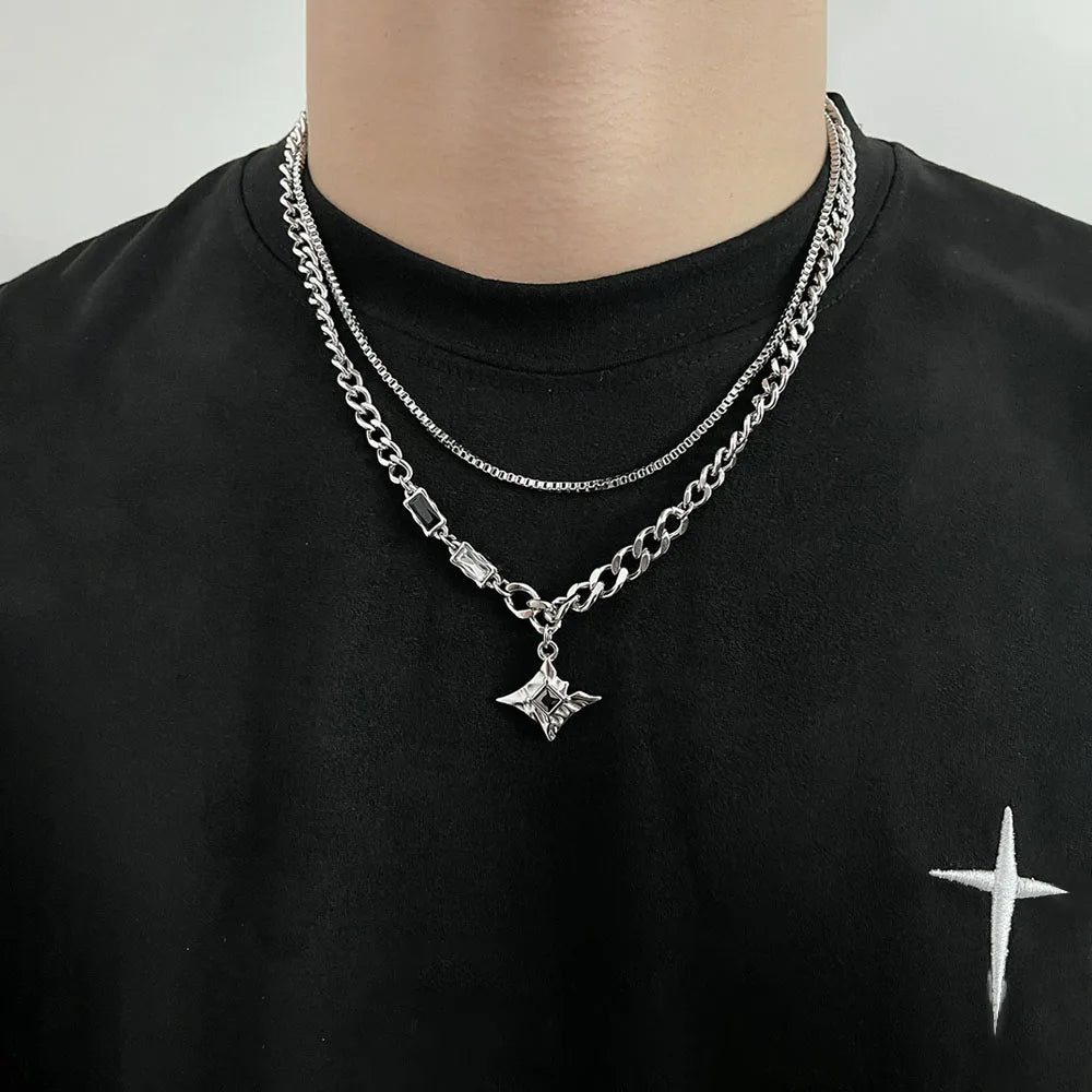 Hip Hop Zircon Star Double Layer Necklace For Men Women Trend Charm Titanium Steel Pendant Chain Unisex Jewelry-Dollar Bargains Online Shopping Australia