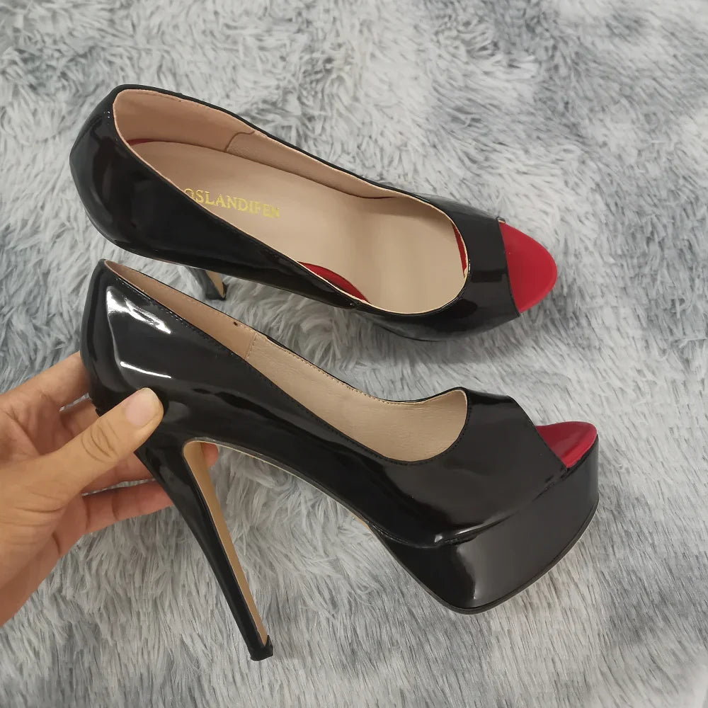 Women Pumps Sexy Platform Peep Toe 14cm Extremely Thin High Heels Stiletto Patent Leather Fashion Party Nighclub Wedding Shoes-Dollar Bargains Online Shopping Australia