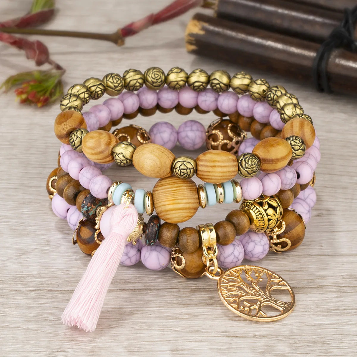 4Pcs Bohemia Tree Of Life Charm Beaded Bracelet Set For Women Handmade Wood Beads Chain Bangle Female Boho Jewelry-Dollar Bargains Online Shopping Australia