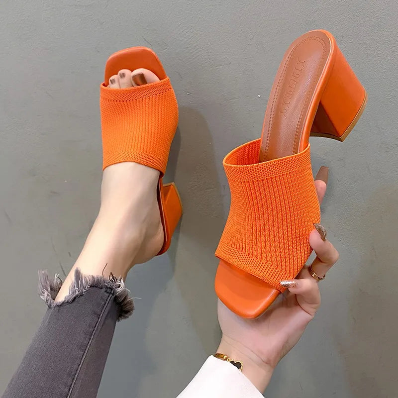 Flyknit High Heel Sandals Women Knitted Breathable Thick Heel Women Slippers Open Toe Fashion Sandals-Dollar Bargains Online Shopping Australia