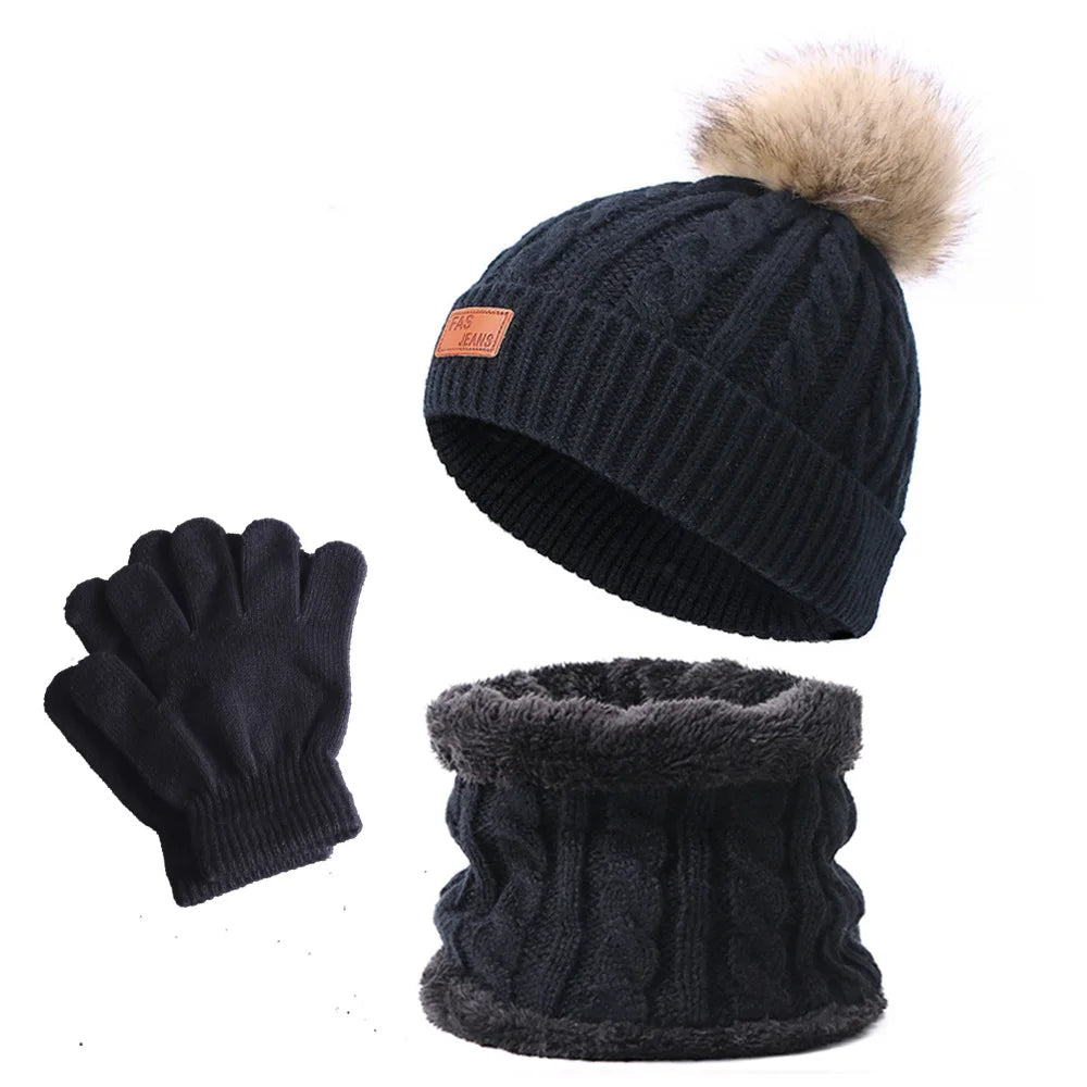 Warm Winter Baby Hats with Scarves for Kids Wool Pompom Baby Hat Children Bonnet Cap Boys Girls Knitted Scarf Gloves Beanie Caps-Dollar Bargains Online Shopping Australia