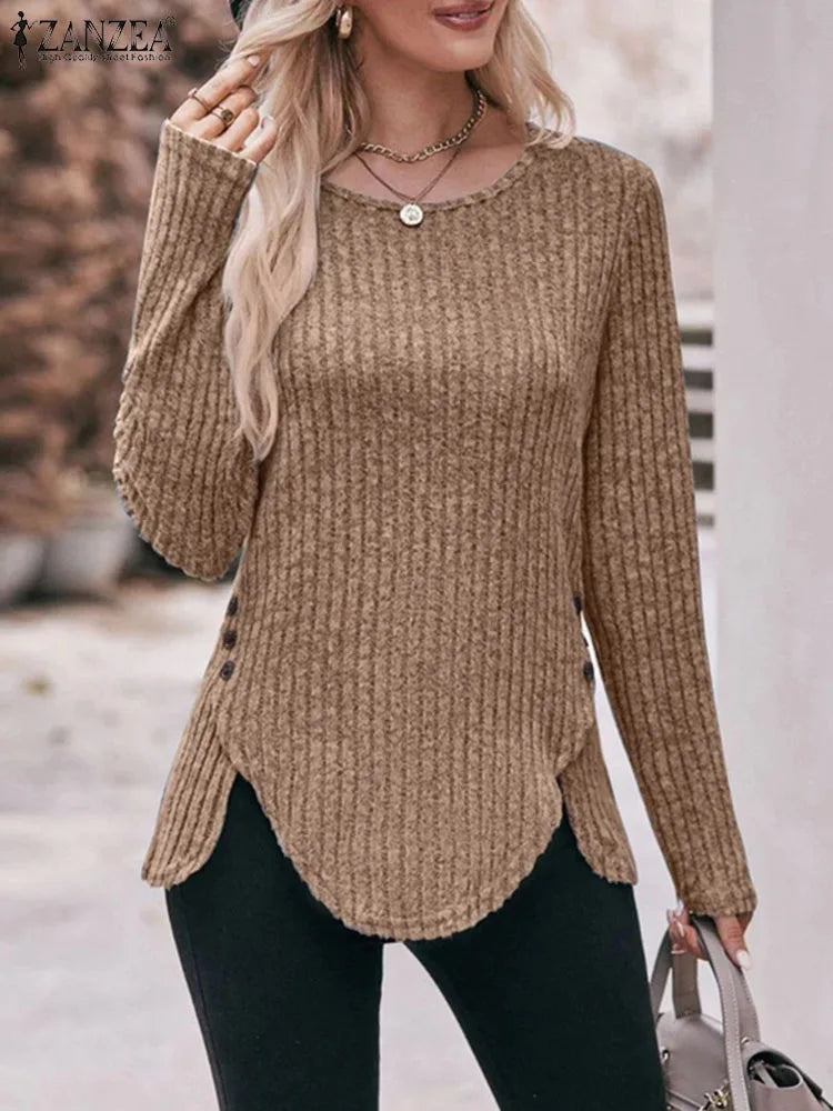 Vintage Knitted Tops Women Long Sleeve Blouse Fashion Round Neck Pullover Irregular Split Hem Shirts Oversize